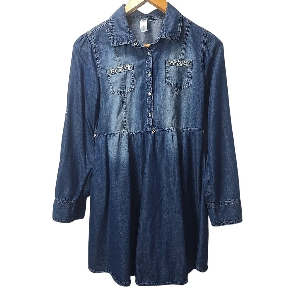 Justice Denim Shirt Dress Girls Size 14 Blue Rhinestone Embellished Long Sleeve‎